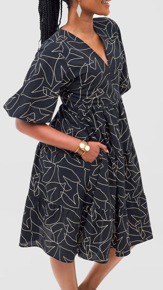 Safari Naledi Bishop Sleeve Tiered Dress - White / Black Wia Print