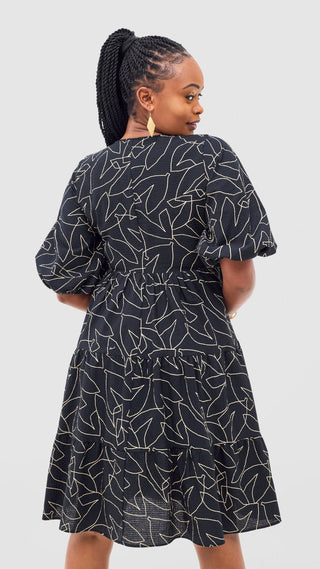 Safari Naledi Bishop Sleeve Tiered Dress - White / Black Wia Print - Shopzetu