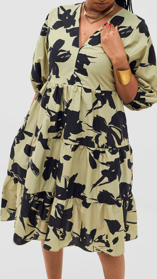 Safari Naledi Bishop Sleeve Tiered Dress - Olive / Black Wia Print - Shopzetu