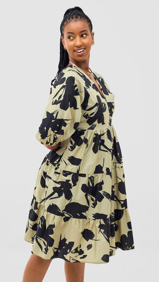 Safari Naledi Bishop Sleeve Tiered Dress - Olive / Black Wia Print - Shopzetu