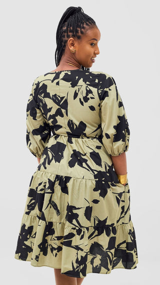 Safari Naledi Bishop Sleeve Tiered Dress - Olive / Black Wia Print - Shopzetu