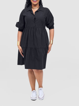 Safari Tawi Shirt Collar Bishop Sleeve Tiered Dress - Black - Shopzetu