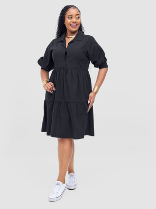 Safari Tawi Shirt Collar Bishop Sleeve Tiered Dress - Black - Shopzetu