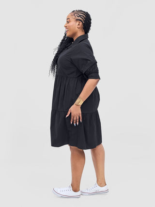 Safari Tawi Shirt Collar Bishop Sleeve Tiered Dress - Black - Shopzetu