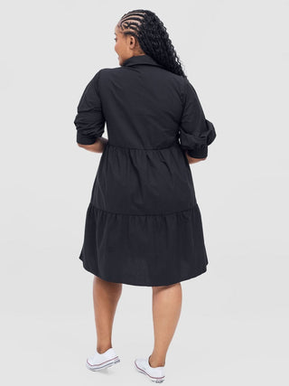 Safari Tawi Shirt Collar Bishop Sleeve Tiered Dress - Black - Shopzetu