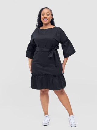 Safari Tawi Shirt Collar Bishop Sleeve Tiered Dress - Black - Shopzetu