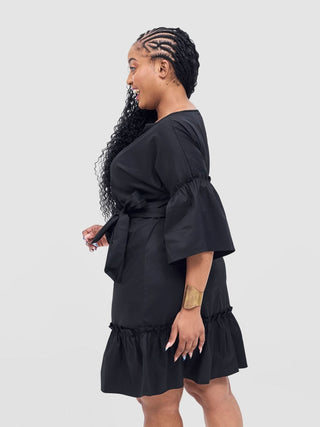 Safari Tawi Shirt Collar Bishop Sleeve Tiered Dress - Black - Shopzetu