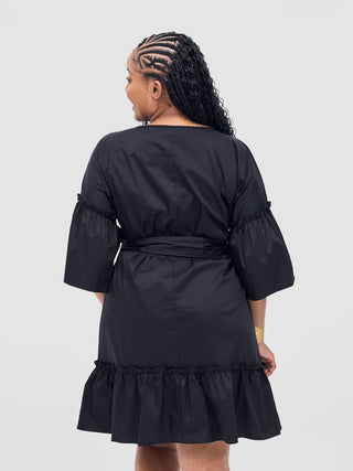 Safari Tawi Shirt Collar Bishop Sleeve Tiered Dress - Black - Shopzetu