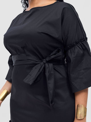 Safari Tawi Shirt Collar Bishop Sleeve Tiered Dress - Black - Shopzetu