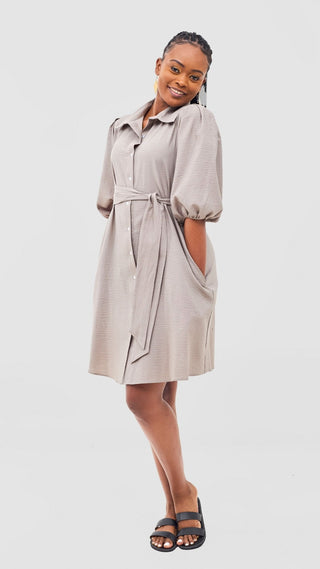 Safari Naledi 3/4 Sleeve Tent Dress - Taupe Puff Stripes - Shopzetu