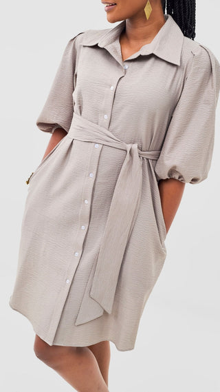 Safari Naledi 3/4 Sleeve Tent Dress - Taupe Puff Stripes - Shopzetu