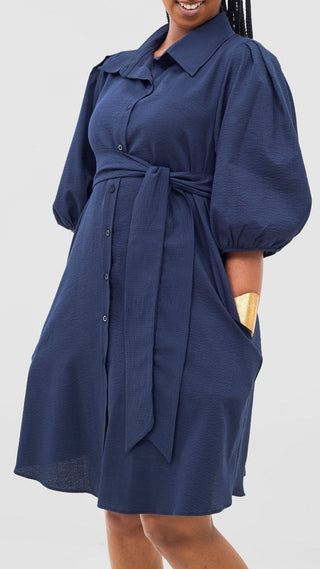 Safari Naledi 3/4 Sleeve Tent Dress - Navy Puff Stripes - Shopzetu