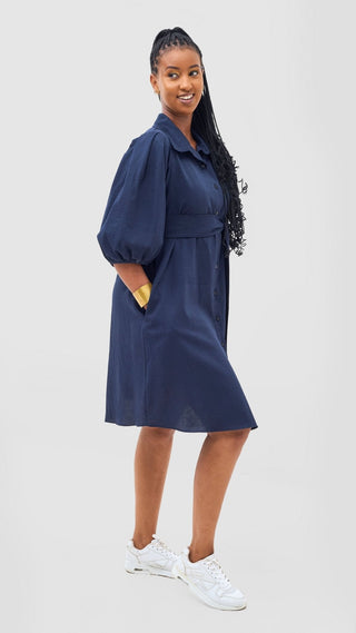 Safari Naledi 3/4 Sleeve Tent Dress - Navy Puff Stripes - Shopzetu