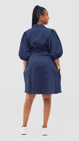 Safari Naledi 3/4 Sleeve Tent Dress - Navy Puff Stripes - Shopzetu