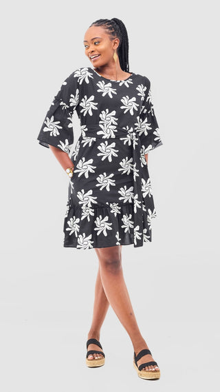 Safari Naledi Flounce Tent Dress - Black / White Nale Print - Shopzetu