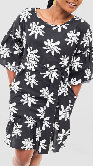 Safari Naledi Flounce Tent Dress - Black / White Nale Print - Shopzetu
