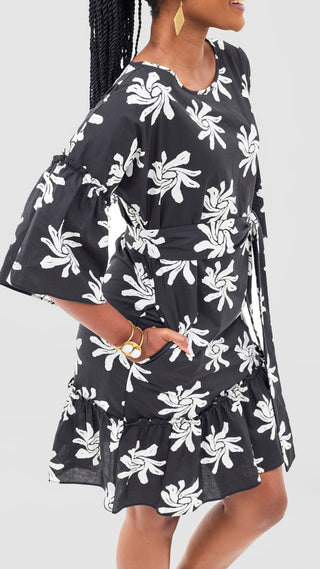 Safari Naledi Flounce Tent Dress - Black / White Nale Print - Shopzetu