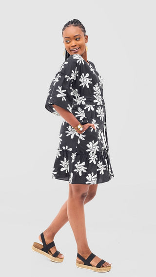 Safari Naledi Flounce Tent Dress - Black / White Nale Print - Shopzetu