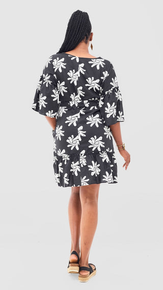 Safari Naledi Flounce Tent Dress - Black / White Nale Print - Shopzetu