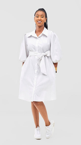 Safari Naledi 3/4 Sleeve Tent Dress - White Pinstripes Print - Shopzetu