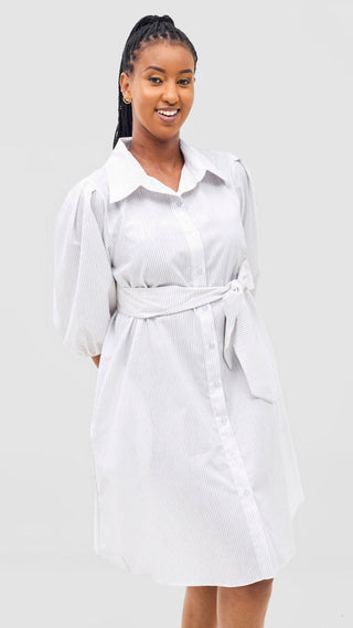 Safari Naledi 3/4 Sleeve Tent Dress - White Pinstripes Print - Shopzetu