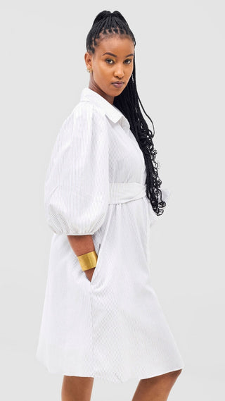 Safari Naledi 3/4 Sleeve Tent Dress - White Pinstripes Print - Shopzetu