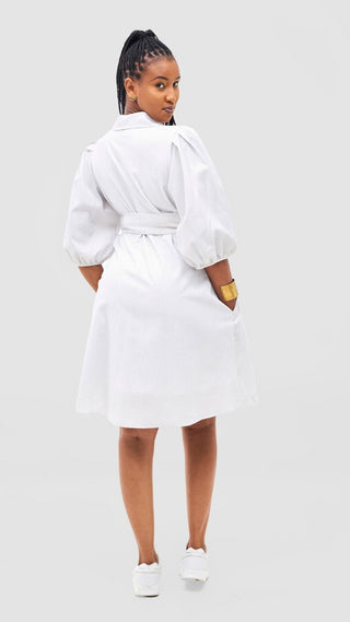 Safari Naledi 3/4 Sleeve Tent Dress - White Pinstripes Print - Shopzetu