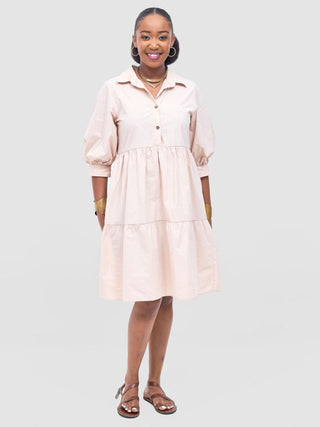 Safari Tawi Shirt Collar Bishop Sleeve Tiered Dress - Khaki - Shopzetu