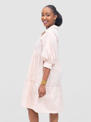 Safari Tawi Shirt Collar Bishop Sleeve Tiered Dress - Khaki - Shopzetu