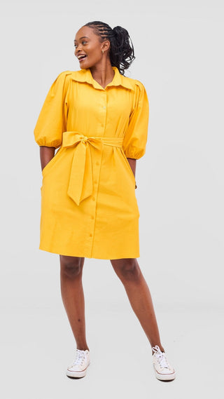 Safari Naledi 3/4 Sleeve Tent Dress - Yellow Puff Stripes - Shopzetu