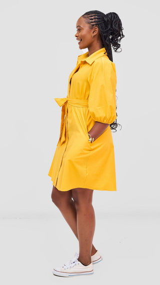 Safari Naledi 3/4 Sleeve Tent Dress - Yellow Puff Stripes - Shopzetu