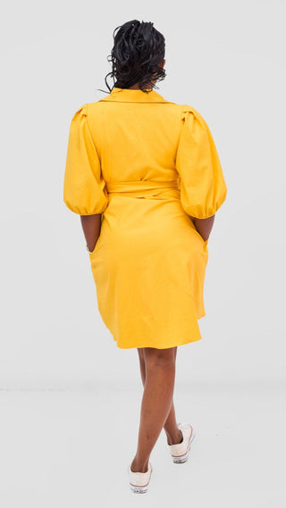 Safari Naledi 3/4 Sleeve Tent Dress - Yellow Puff Stripes - Shopzetu