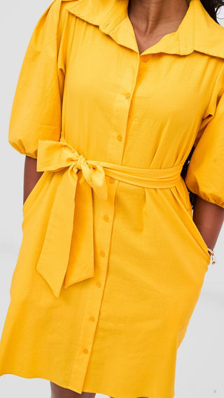 Safari Naledi 3/4 Sleeve Tent Dress - Yellow Puff Stripes - Shopzetu