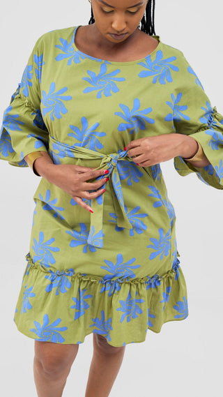 Safari Naledi Flounce Tent Dress - Green / Blue Nale Print - Shopzetu