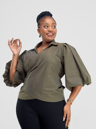 Safari Mali 3/4 Bishop Sleeve  Tie Top MG - Hunters Green