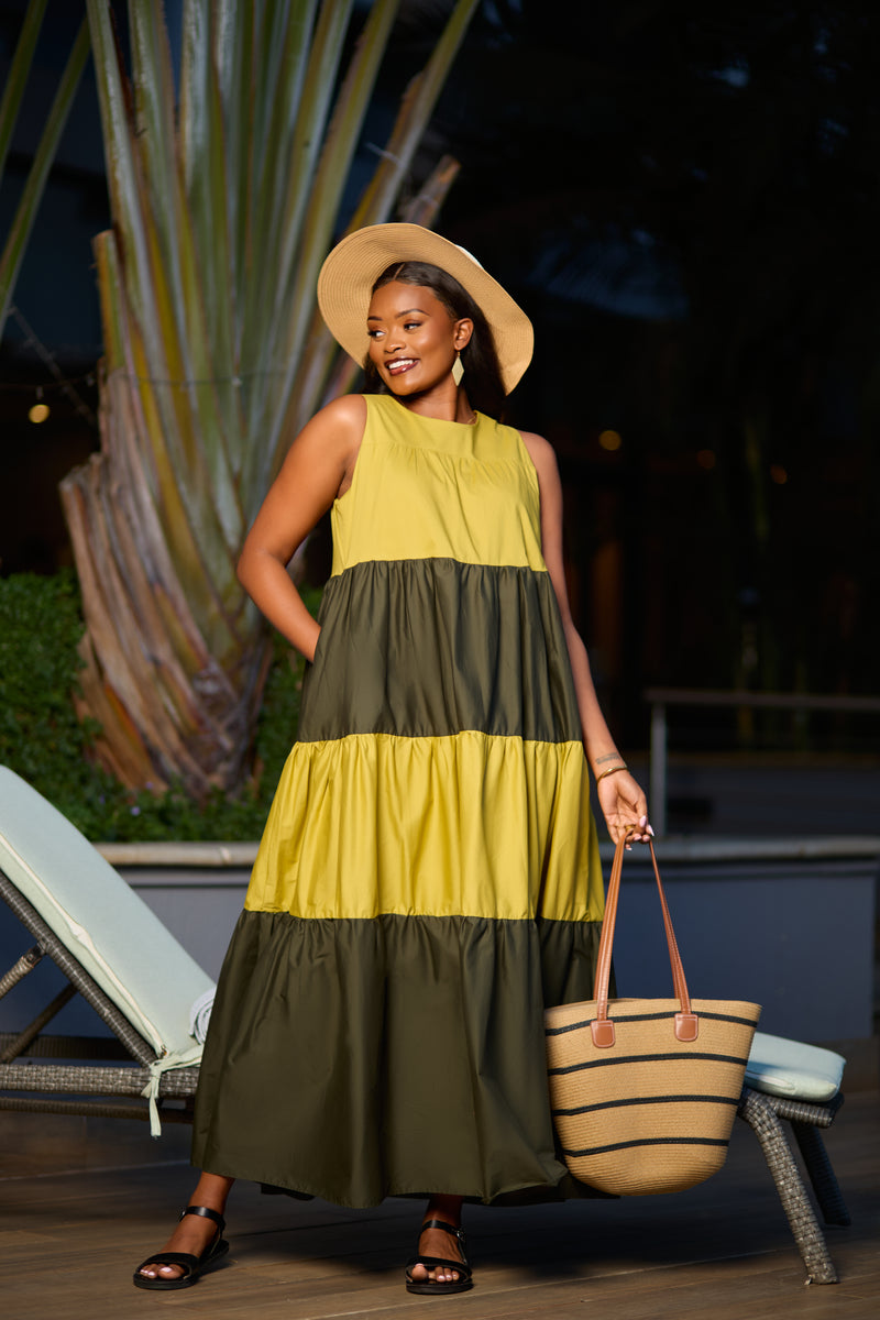 Safari Solana Sleeveless Tiered Maxi Dress - Light Olive / Hunters