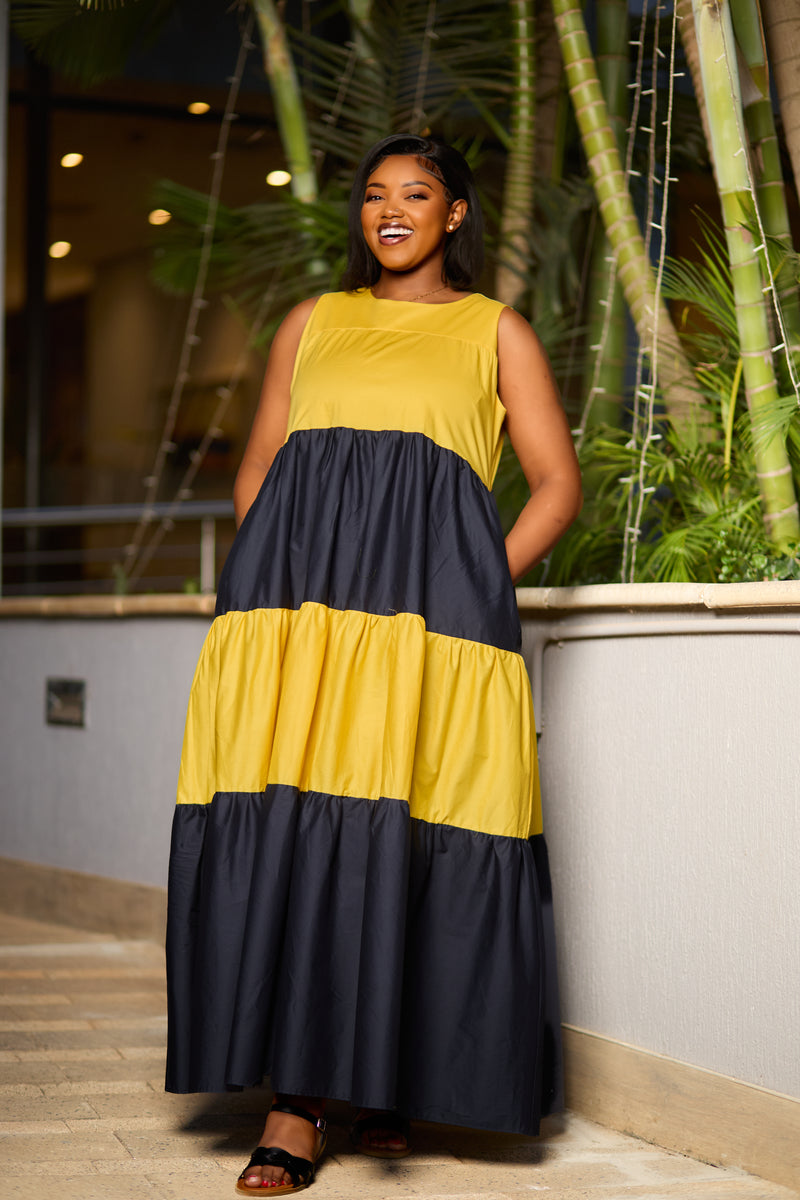 Safari Solana Sleeveless Tiered Maxi Dress - Yellow / Navy