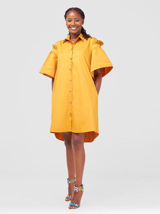 Safari Mali Gathered Flounce Sleeve Shirt Dress - Mustard