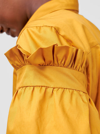 Safari Mali Gathered Flounce Sleeve Shirt Dress - Mustard