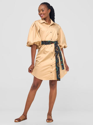 Safari Mali Bishop Sleeve Shirt Dress - Khaki