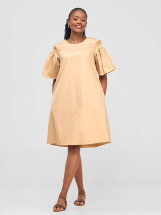Safari Mali Gathered Flounce Sleeve Tent Dress - Khaki