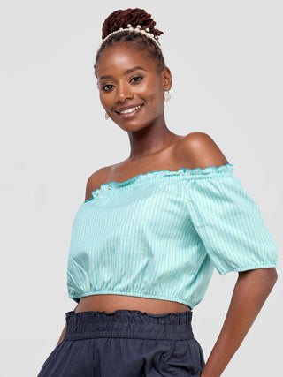 Safari Kikoy Off Shoulder Crop Top - Light Blue Print - Shopzetu