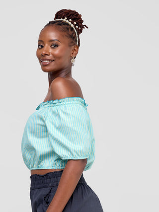 Safari Kikoy Off Shoulder Crop Top - Light Blue Print - Shopzetu