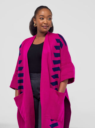 Safari Dila Poncho - Fuschia / Light Navy Blue - Shopzetu