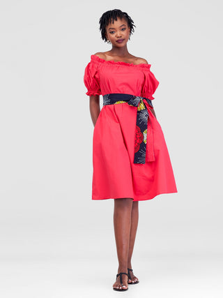 Safari Mali Off - Shoulder Ruffle Knee Length Dress - Dark Pink