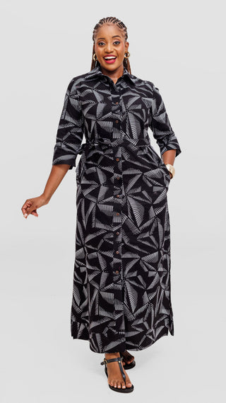 Safari by Vivo Zehra 3/4 Sleeve Kitenge Maxi Dress - Black / Cream Ana Print