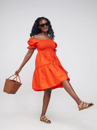 Safari Mara Shirred Bishop Sleeve Dress - Orange - Shopzetu