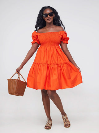 Safari Mara Shirred Bishop Sleeve Dress - Orange - Shopzetu
