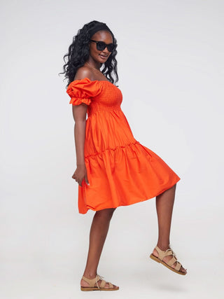 Safari Mara Shirred Bishop Sleeve Dress - Orange - Shopzetu