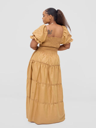 Safari Kikoy Shirred Top Maxi Dress - Gold - Shopzetu